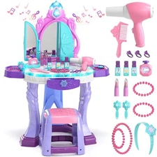 Lehoo Castle Kids Vanity Table and Chair Set with Mirror Stool & Lights Toddl 