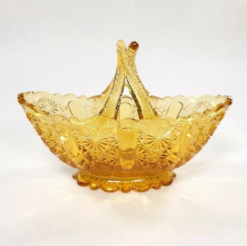 Vintage Fenton Glass Daisy and Button Twig Handle Basket Amber