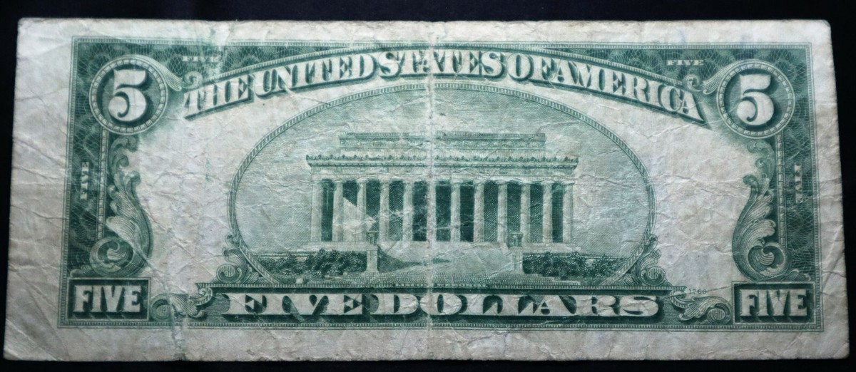 1934 A - $5 - SILVER CERTIFICATE - BLUE SEAL miss cut ERROR