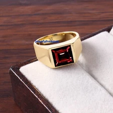 Natural Garnet Gemstone 925 Sterling Silver Gold Plated Ring For Men #J4599