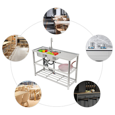 Stainless Steel Kitchen Sink Dual Bowl Commercial Restaurant Kit Free Standing