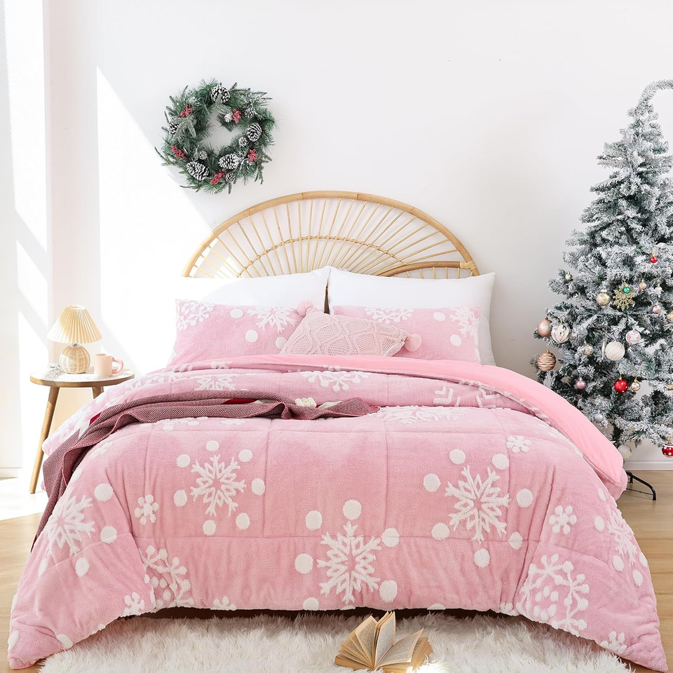 Christmas Bedding Pink Comforter Queen Set Velvet Comforter Set with