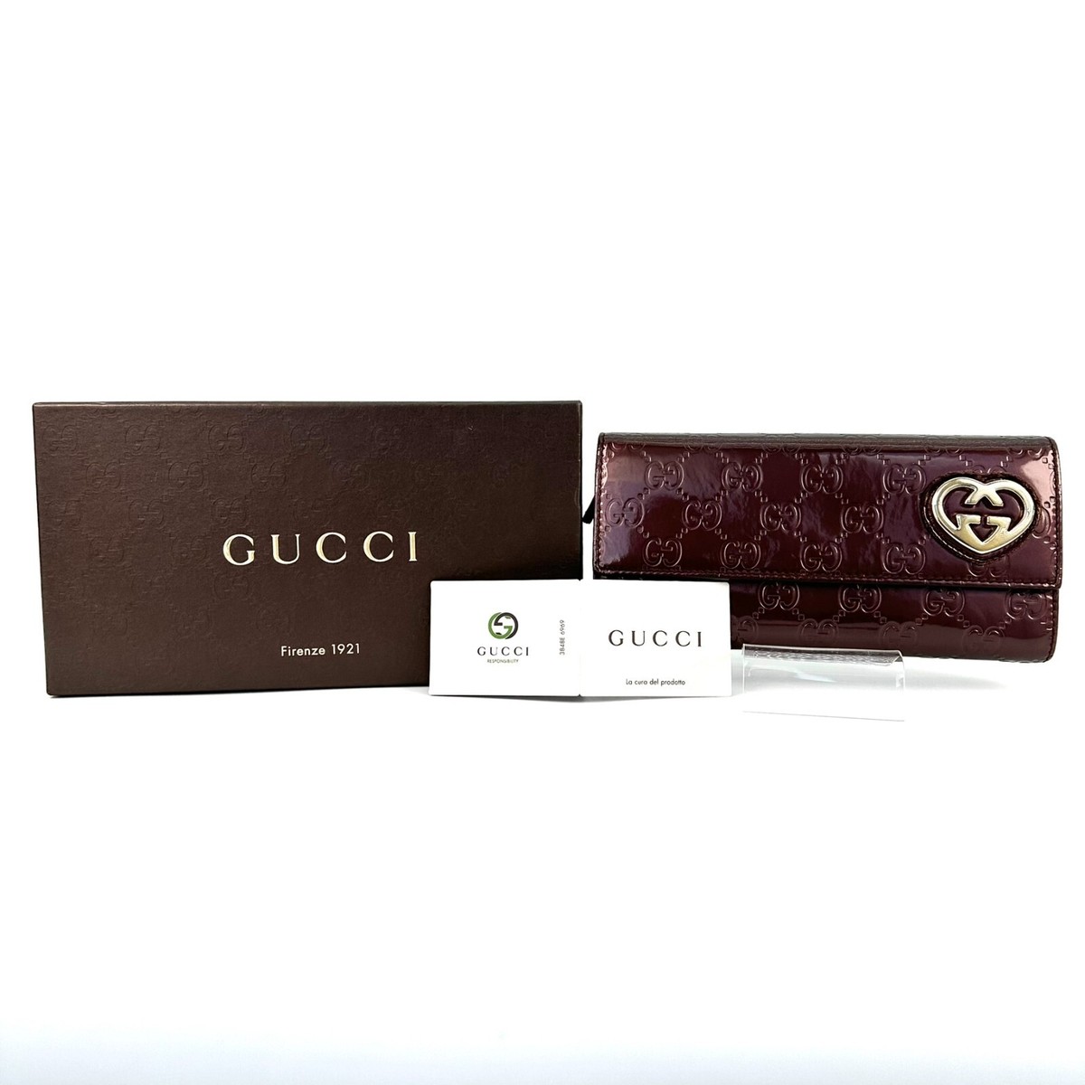 GUCCI Sima Lovely Heart GG Logo Patent Leather Long Bifold