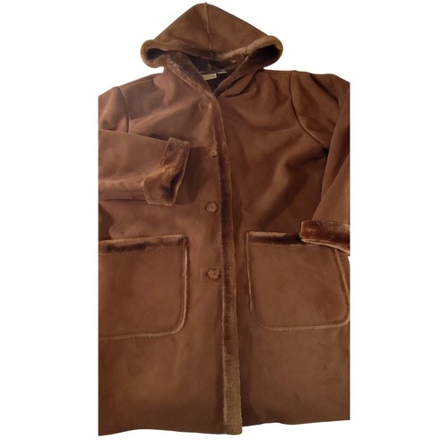 St Johns Bay Vintage Faux Fur Lined Hooded Jacket Coat Camel Faux Suede Large - Picture 9 of 10