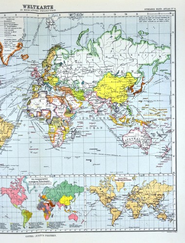 1911 Stieler Map - World Political Countries - Telegraph Cables & Steamer Routes - Picture 4 of 4