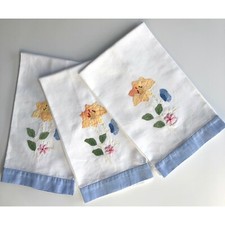 Vintage Hand Embroidered Trapunto 3 Guest Tea Towels Floral Finger Tip
