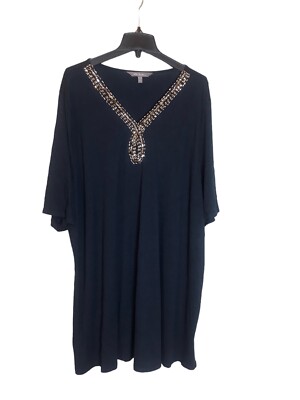 Ulla Popken Top 28-30 Navy Blue Silver Beaded Short Sleeve Embellished V Neck