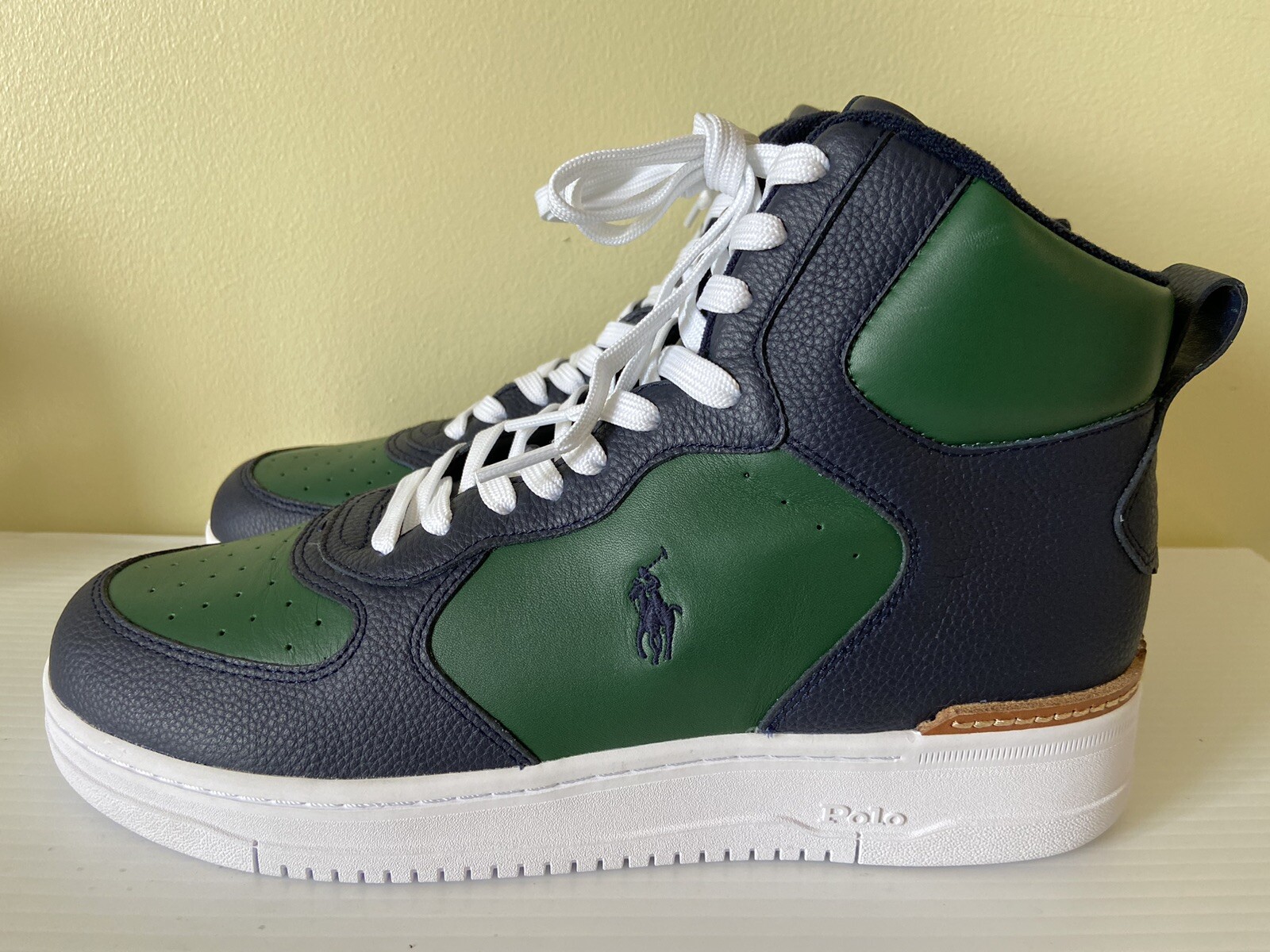 PONY Polo Ralph Lauren Uomo Masters Mid Sneakers Alte in Pelle Navy e Verde 10 5