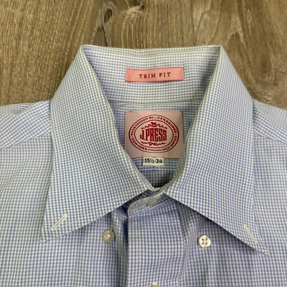 J.Press Button Up Dress Shirt Check Plaid Preppy Men’s Size 15.5-34 Trim Fit - Image 3 of 4