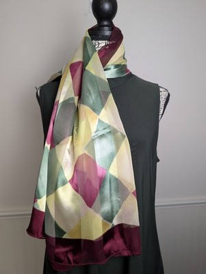 Vintage Style Harlequin Patchwork Scarf Green Burgundy Retro Geometric Diamond