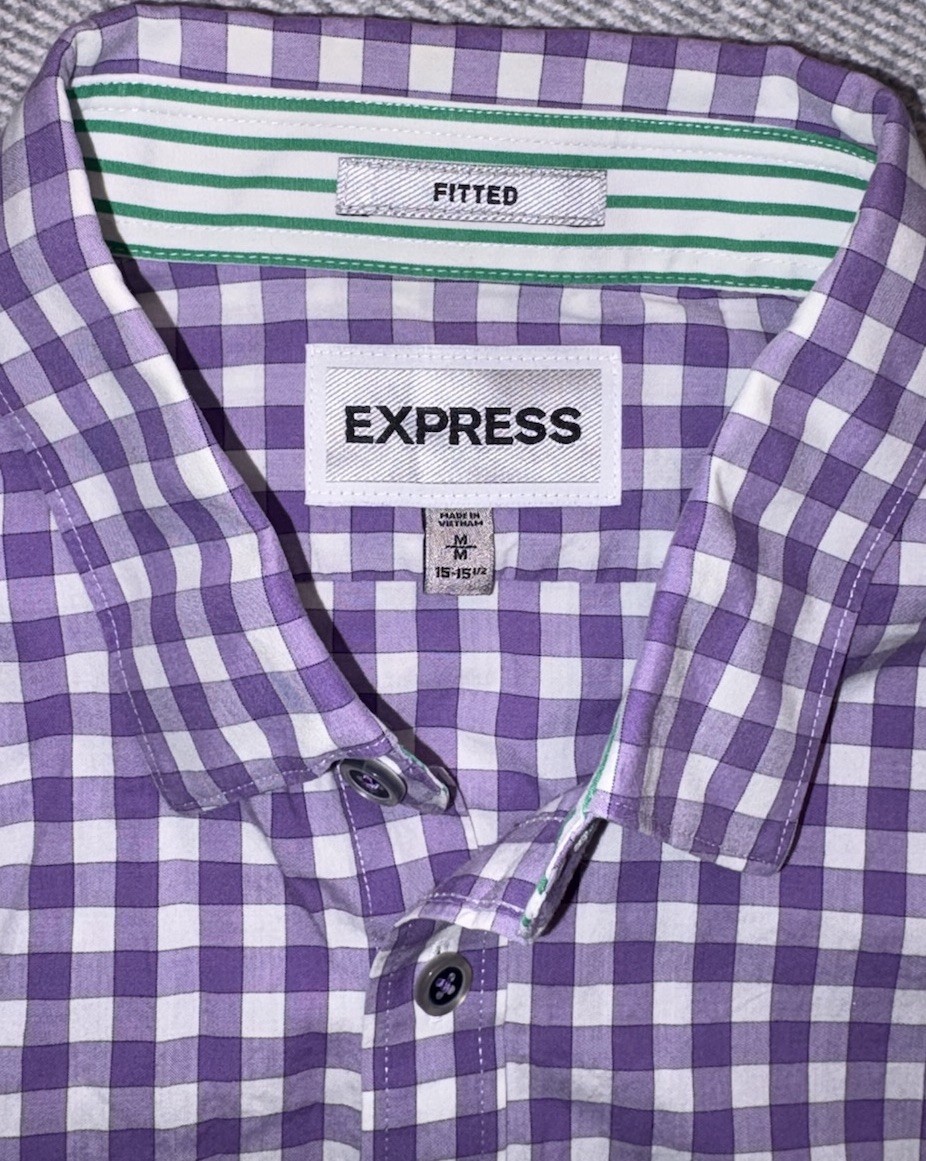 Express Men's Fitted Gingham Button-Down Shirt - … - image 2