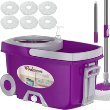 Dual Compartment Spin Mop and Bucket, Purple Bucket + 6 Heads, 