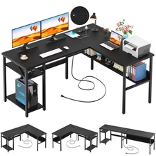 Reversible L Shaped Desk with Power Outlets and USB Charging Ports, Sturdy Co...