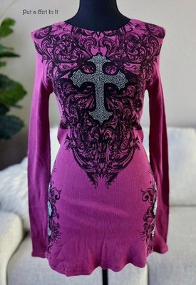 USA New VOCAL Womens CRYSTAL RASPBERRY PINK BLACK CROSS TALL SHIRT S Small Y2K