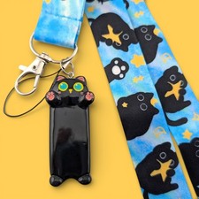 STARRY EYED KITTY LANYARD black cat stars moons blue neck strap key ring goth 1W