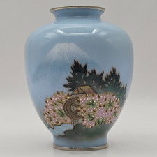 Vintage Japanese Cloisonne Enamel Vase Mt Fuji Waterwheel Cherry Blossom 5in