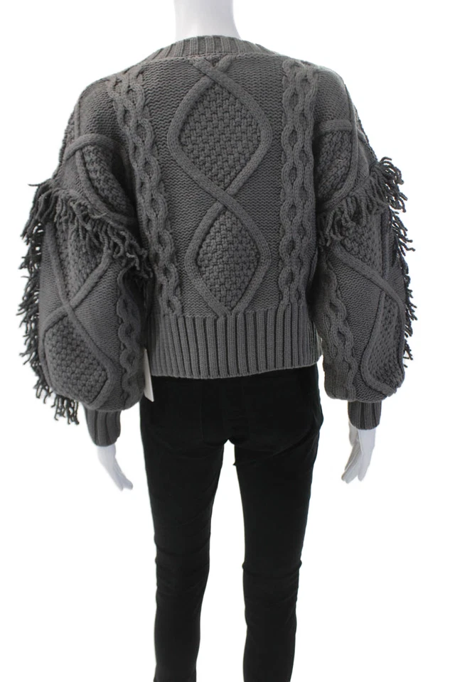 Suéter Pullover Line And Dot Mujer Cuello Redondo Mangas Largas Flecos Gris Talla XS Foto 3 de 4