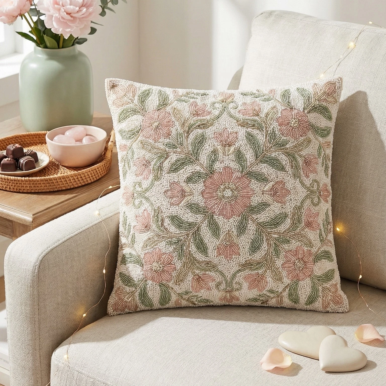 Handmade Beaded Floral Throw Pillow Cover - Elegant Botanical Decorative Cushion
Opens in a new wind