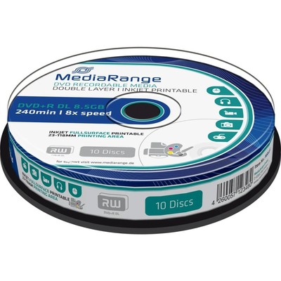 MEDIARANGE DVD+R DL 8.5GB 8x IW (10) CB MR468 Cake Box inkjet printable