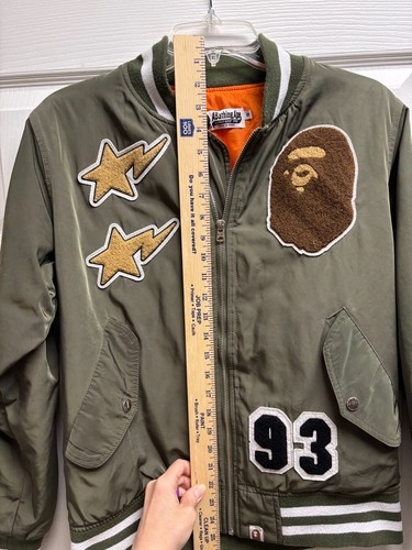 Vintage A Bathing Ape BAPE Varsity Bomber Jacket Green Orange Logo Japan Size S - Picture 21 of 24