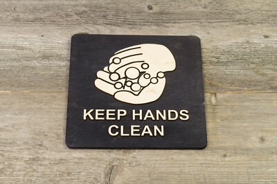 Keep Hands Clean Wood Sign. Wall or Door Mounting. Wash hands. Sanitize.