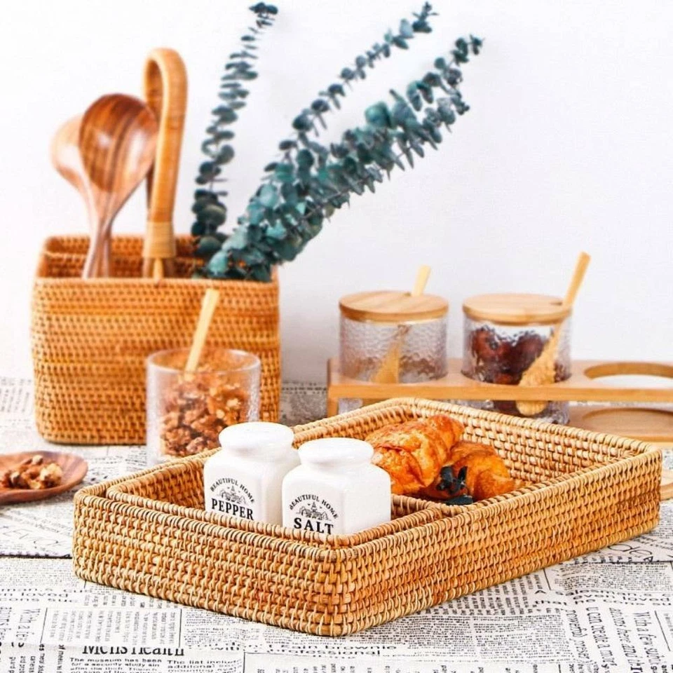 Rectangle Rattan Serving Tray, Hand Woven Wicker Storage Organizer Basket Tray - Image 3 of 4