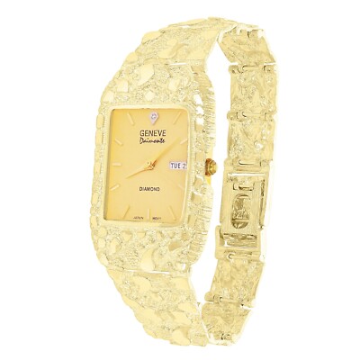14k Yellow Gold Nugget Link Wrist Watch Bracelet Geneve with Diamond 7'' 54.3gram