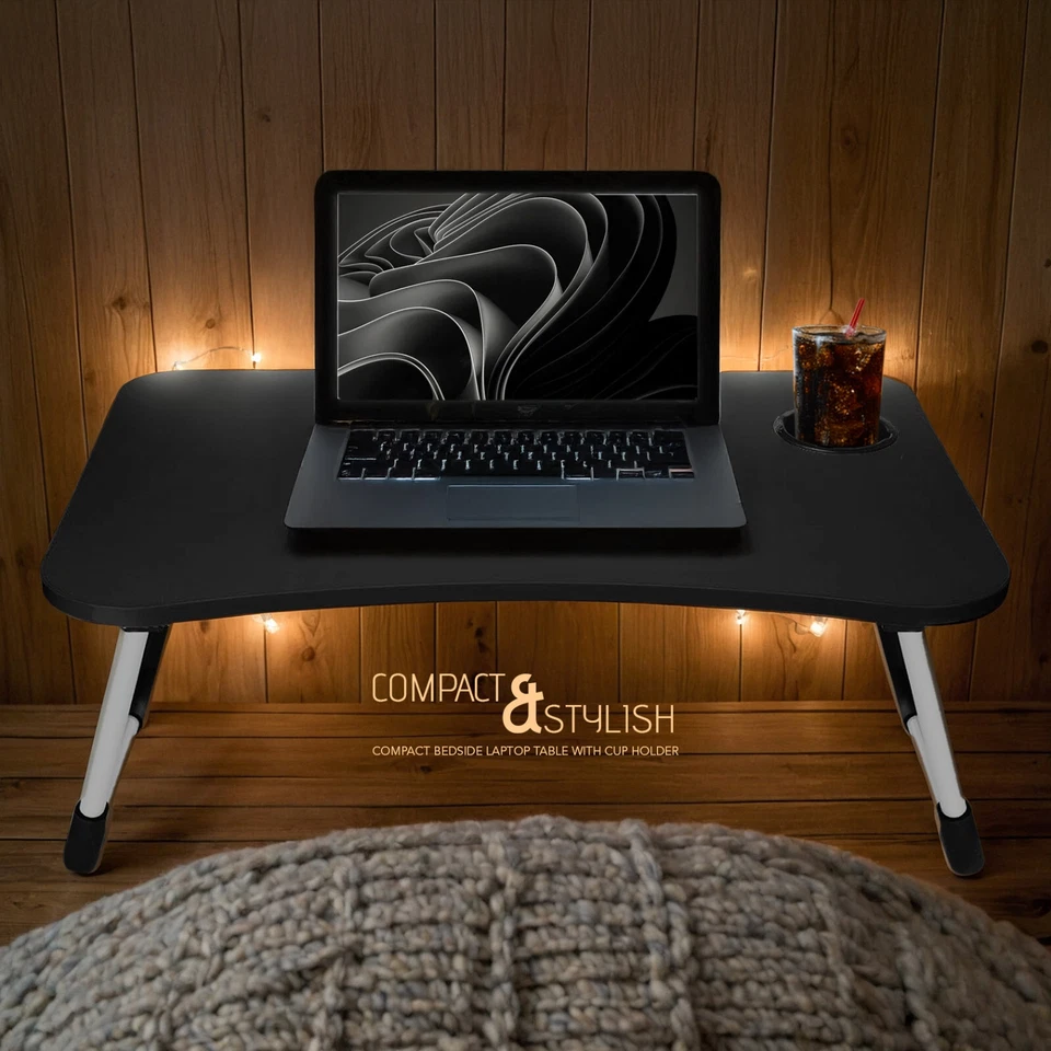 ICE ARMOR 2-PC Laptop Tray Lap Desk Stand Foldable Bed Table Cup Slot Black - Image 3 of 4