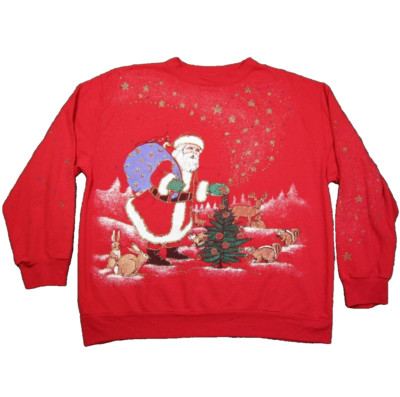 Vtg Santa Sweatshirt Womens L Red Glitter Christmas Holiday Time Fleece 90s USA