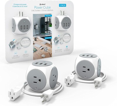 Atomi Power Cube, 2-pack 3AC Outlets+3 Smart USB Ports+5' Cable Surge Protector