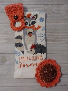Crochet Kitchen Towel Holder Hanger Set Scrubby Raccoon Porcupine