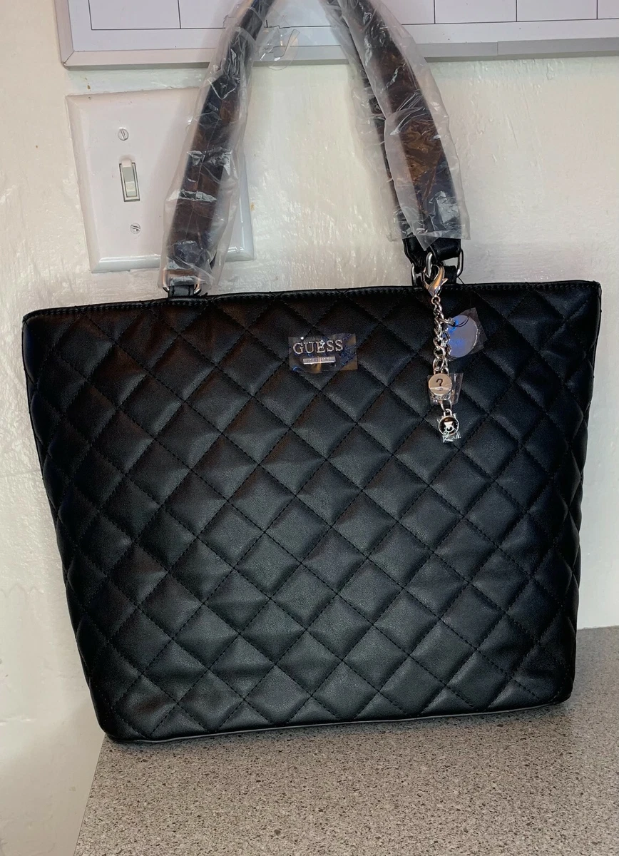 NWT GUESS Black QUILTED Diamond Tote Bag Handbag Silver Shoulder