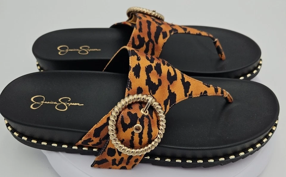 Jessica Simpson CYMMERI Sandalia Tanga Deslizable Marrón Estampado Guepardo Hebilla Dorada Usada en Excelente Condición Foto 4 de 4