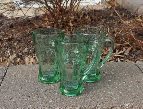 Set Of 3 Vintage Libbey Green COCA-COLA Float Glasses W/ Handles Heavy 14 oz.