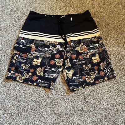 MAUI & Sons Shorts Men's 34 Black Shark 4 Way Stretch Board Swim Trunks