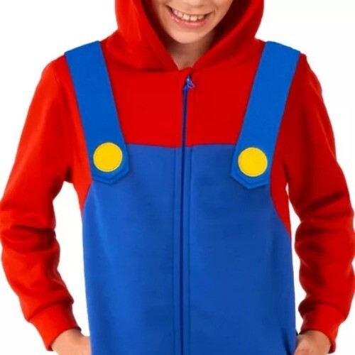 Mario-inspiriertes Overall-Kostüm mit Kapuze für Kinder - rot & blau Größe 6-8 Jahre gemütlich & F - Bild 1 von 5