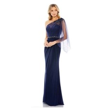 Mac Duggal 79392 Navy Blue One Shoulder Beaded Capelet Gown Dress 6