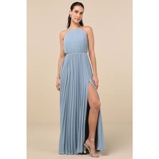 Lulus Rylie Slate Blue Pleated Backless Maxi Dress Size M NWT