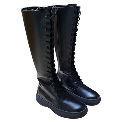 Tod's Black Leather Tall Knee Length Lace Up Side Zip Boots Size 36.5 New In Box