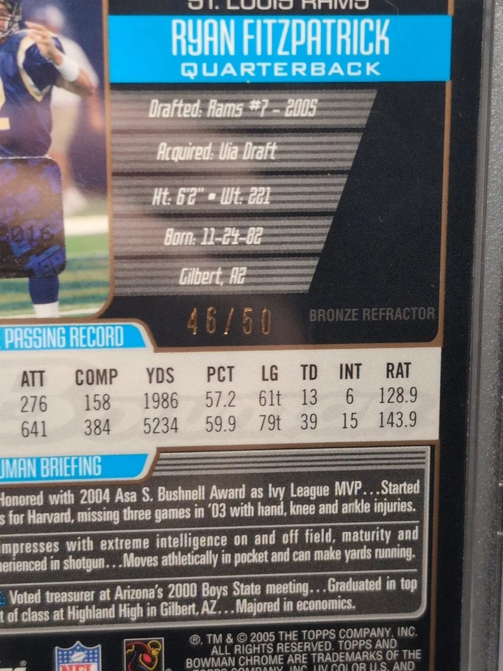 RYAN FITZPATRICK 2005 Bowman Chrome ROOKIE AUTO BRONZE #d /50 PSA 10 - Image 3 of 3