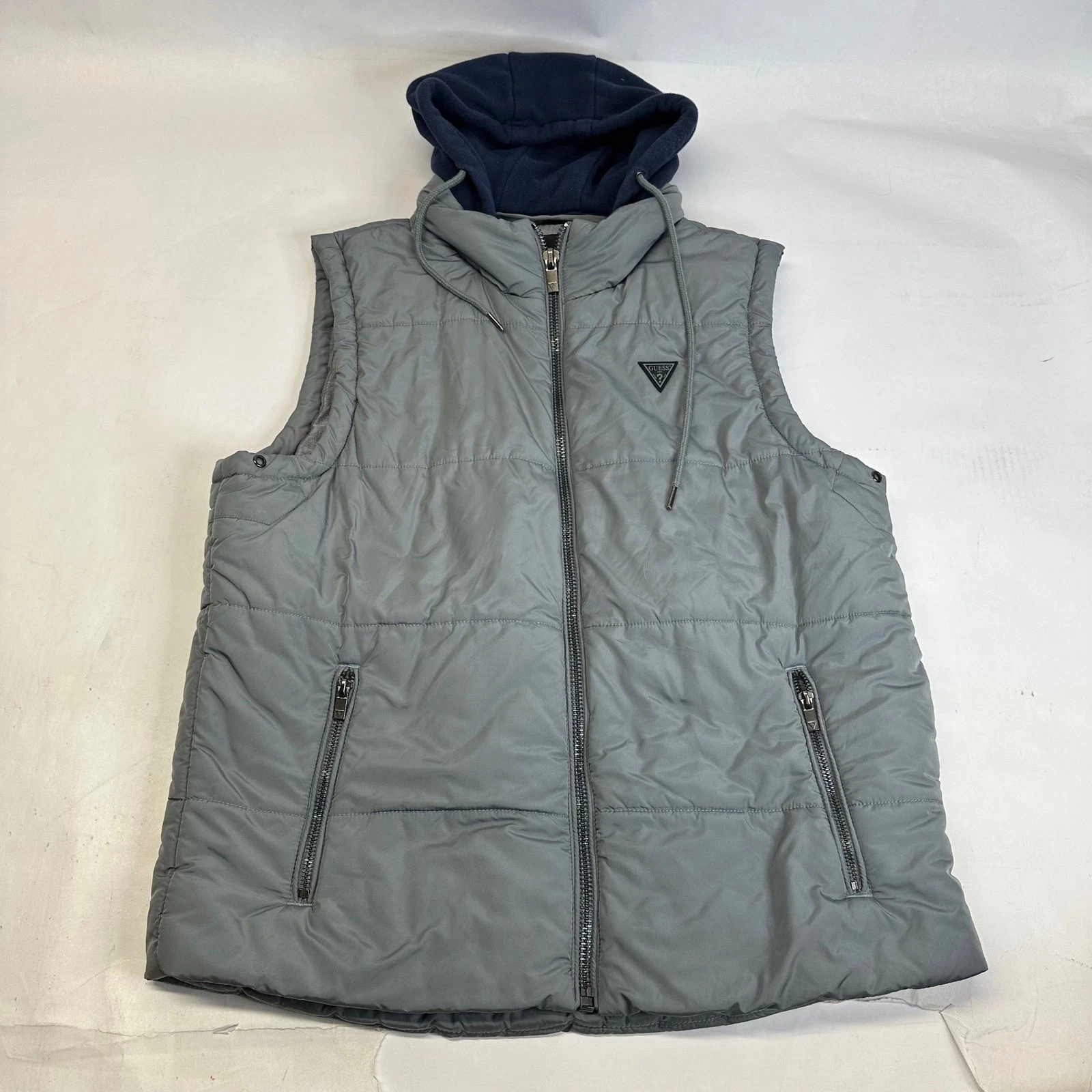 Guess Puffer Vest Hooded Grey Full Zip Pockets Logo Mens Large