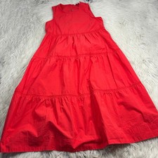 Madewell Women's XSP Red Cattail Tiered Midi Dress Poplin Cotton Summer Dopamine