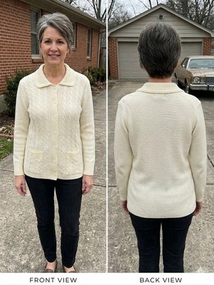 VTG Collectables White Cable Knit Cardigan Sweater Pocket Collar Acrylic Women M