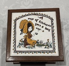Vintage 1970s Holly Hobbie Ceramic Tile Top Wood Jewelry Box