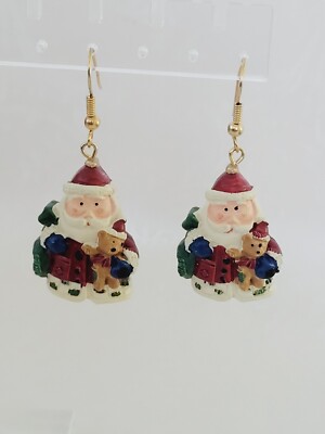 Vtg Gold Tone Santa Claus Christmas Holiday Toys Red Green Dangle Drop Earrings