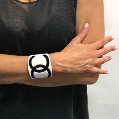 CHANEL CC Cuff Logo Vintage Bracelet Bangle Black White Wide - Image 3 of 4