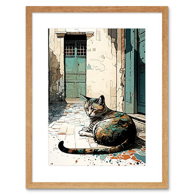 Cat Sunbathing on Cobblestone Street Modern Framed Wall Art Print Picture 12X16