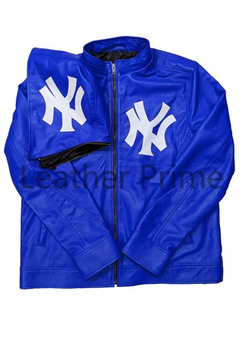 NY Yankees Letterman Varsity Leather Jacket with Removeable Hood BlueColor &Size - Picture 4 of 5