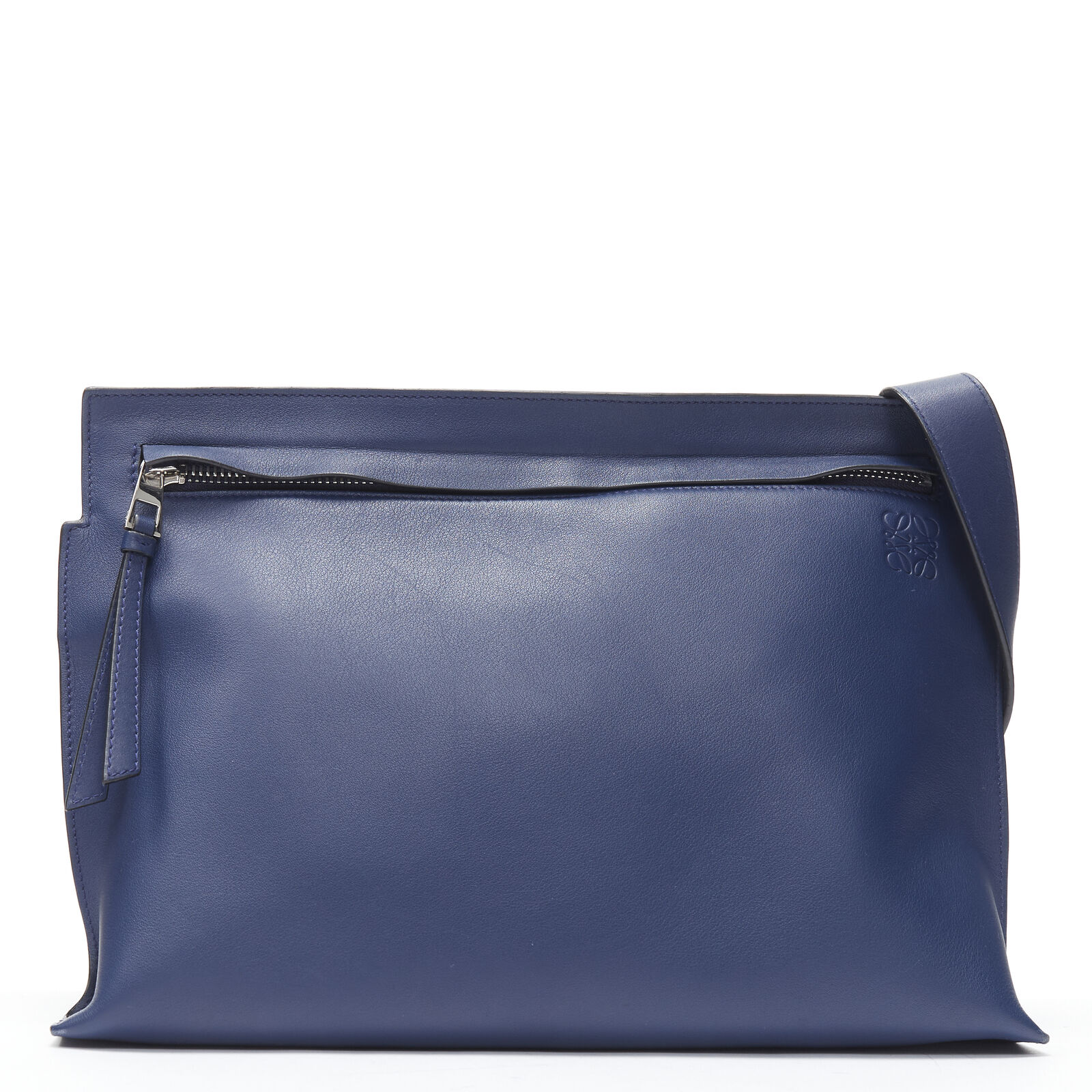 LOEWE 2017 T Messenger navy blue leather logo emboss zip crossbody  messenger bag