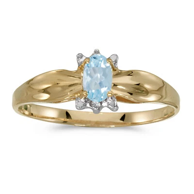 14k Or jaune Oval Aigue-marine et Diamant Ring 0.14 ct - Photo 1/2